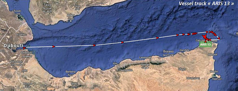 阿里斯13号油轮从吉布提到摩加迪沙的航迹
